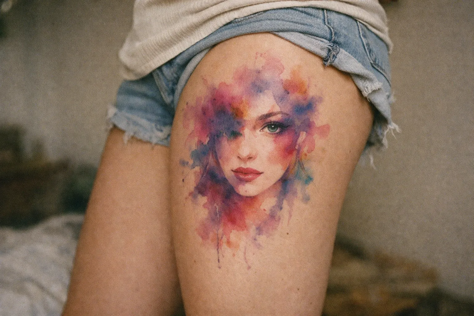 A watercolor portrait tattoo of a woman's face on a person's upper thigh, visible beneath denim shorts.