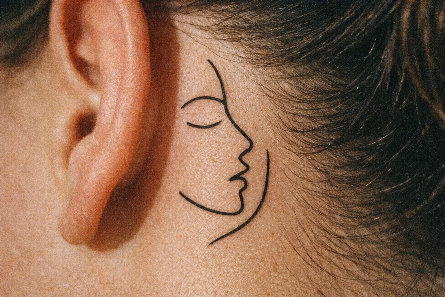 A minimalist portrait tattoo of a face is inked behind a person's ear.