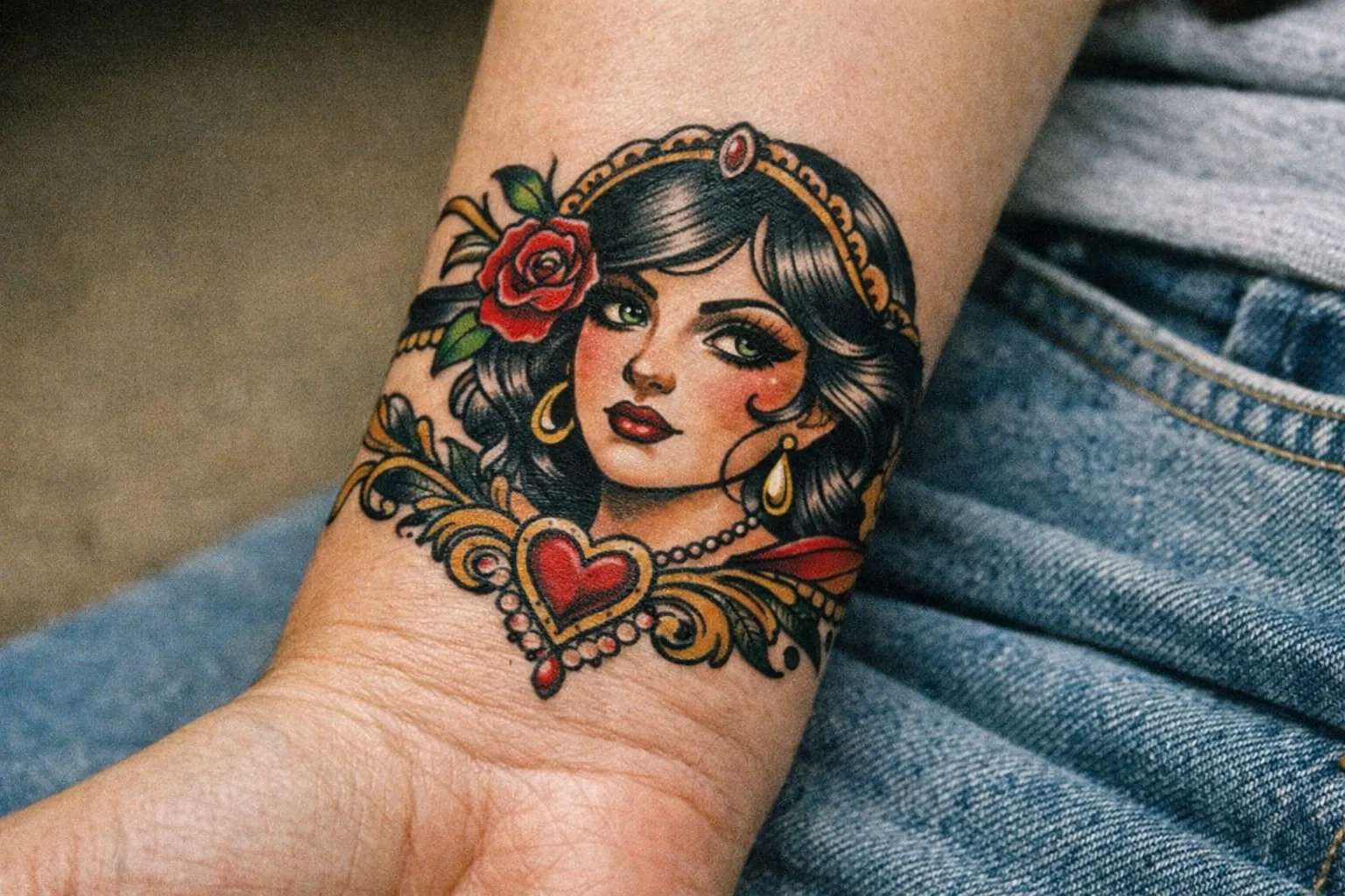A colorful woman portrait tattoo is shown on a person's inner wrist above blue jeans.