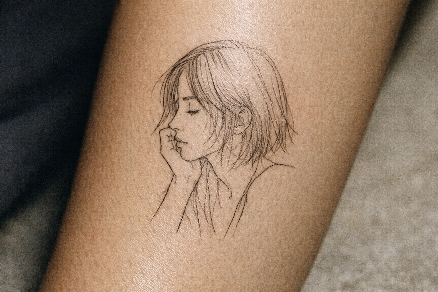 A fine line tattoo of a woman's face in profile is inked on a person's forearm.