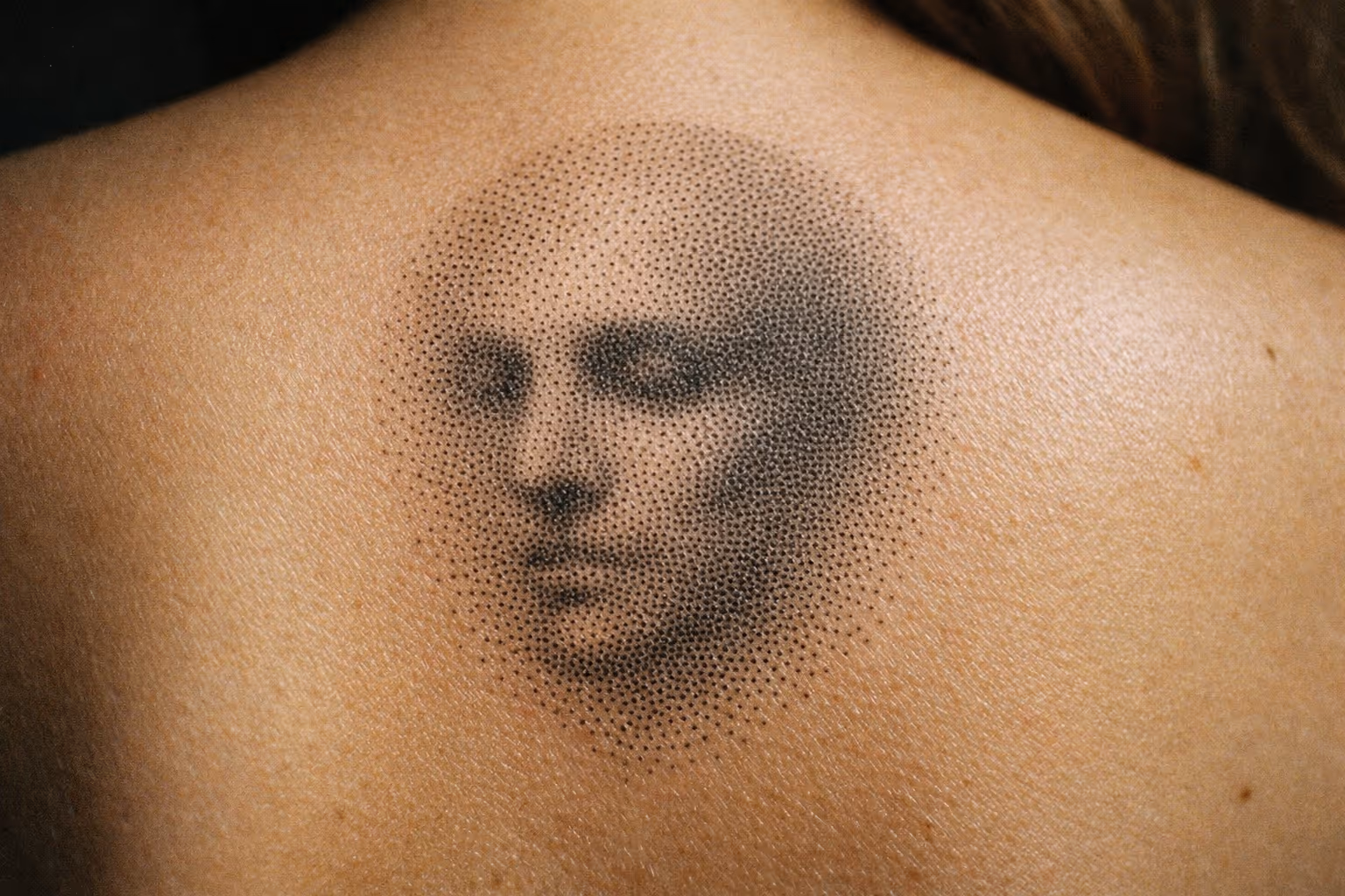 A dotwork portrait tattoo of a face is inked on a person's upper back.