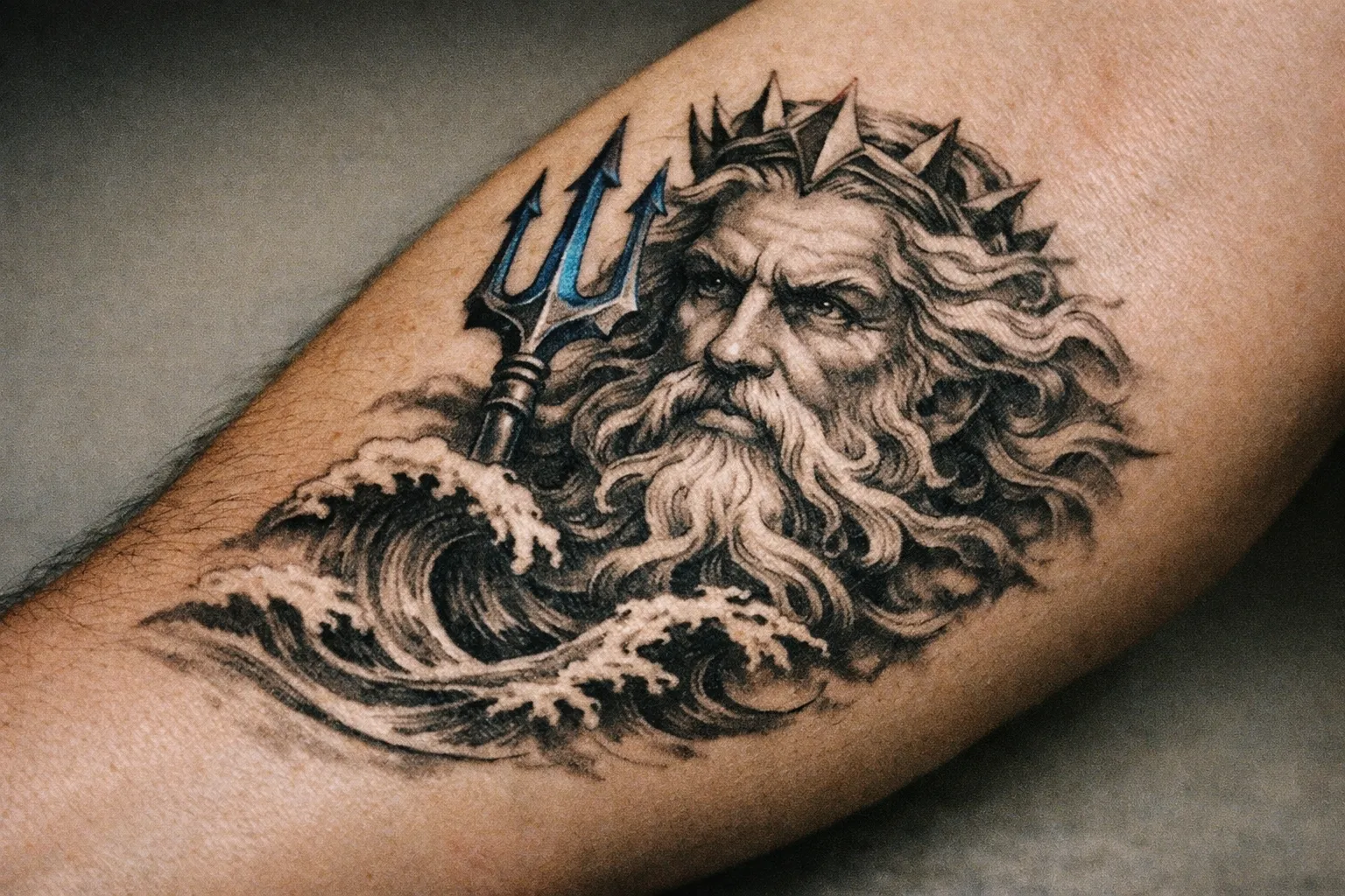 Close-up of Poseidon forearm tattoo with a bold trident and curling waves