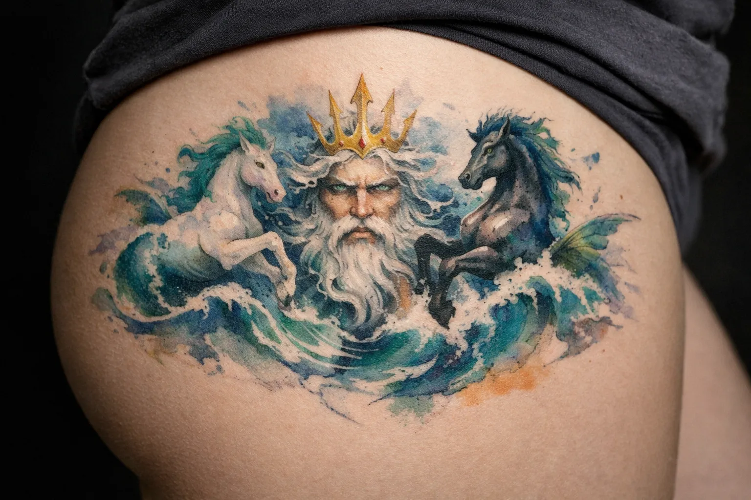 A colorful tattoo of Poseidon with a crown and two horses among waves on a person's hip.