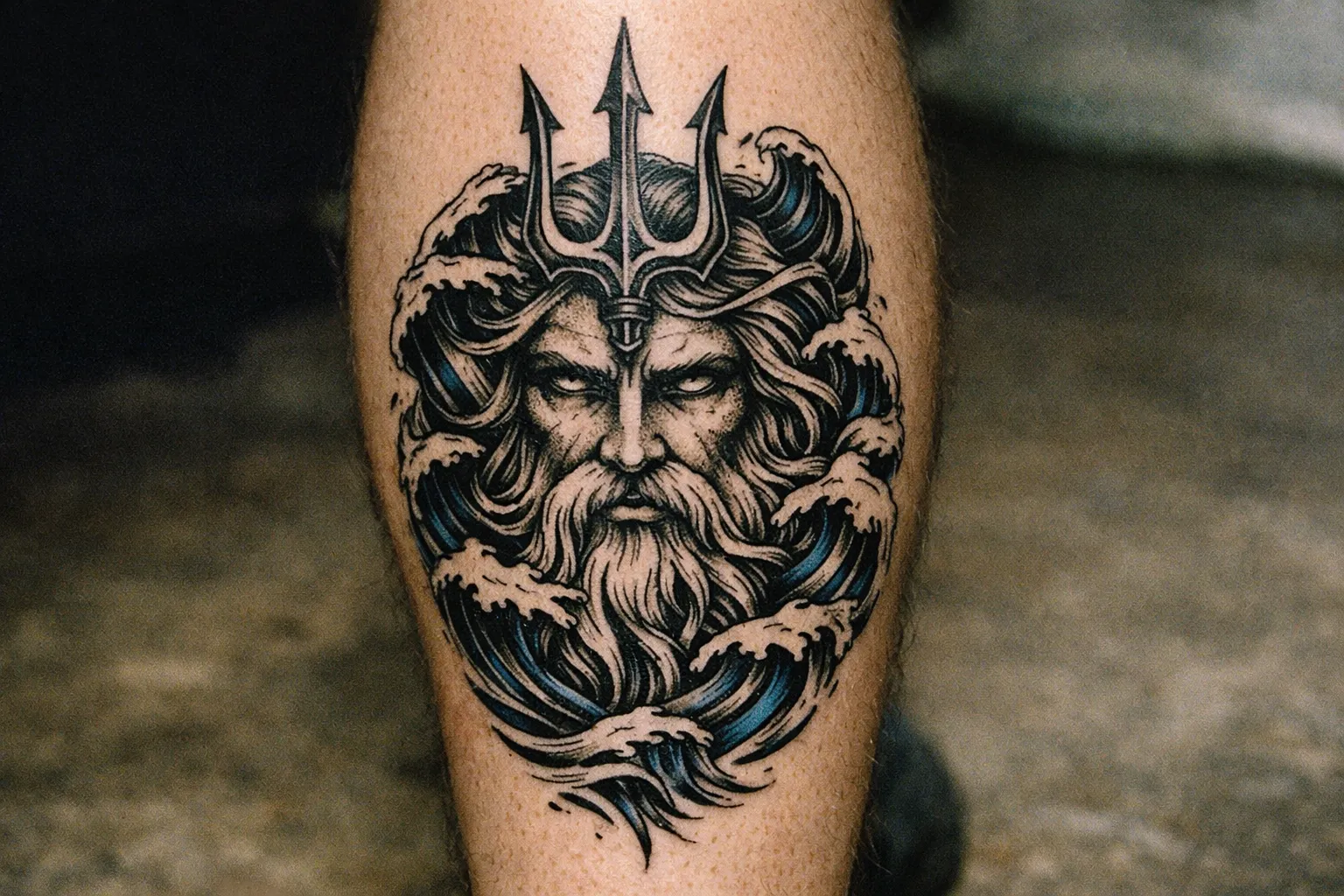 Calf tattoo of Poseidon motif illustrating scale and placement on the leg