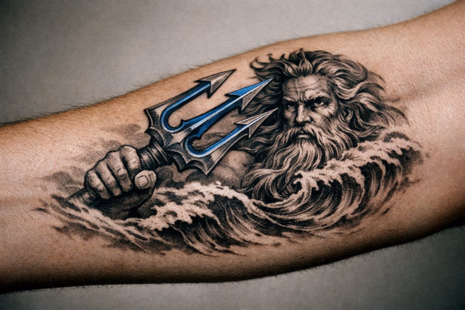 Editorial hero shot of Poseidon tattoo on forearm featuring a bold trident and waves