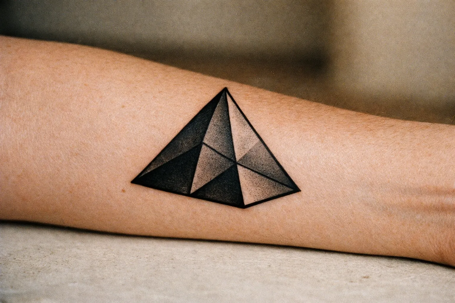 Forearm close-up of a geometric pyramid tattoo showing clear linework and shading