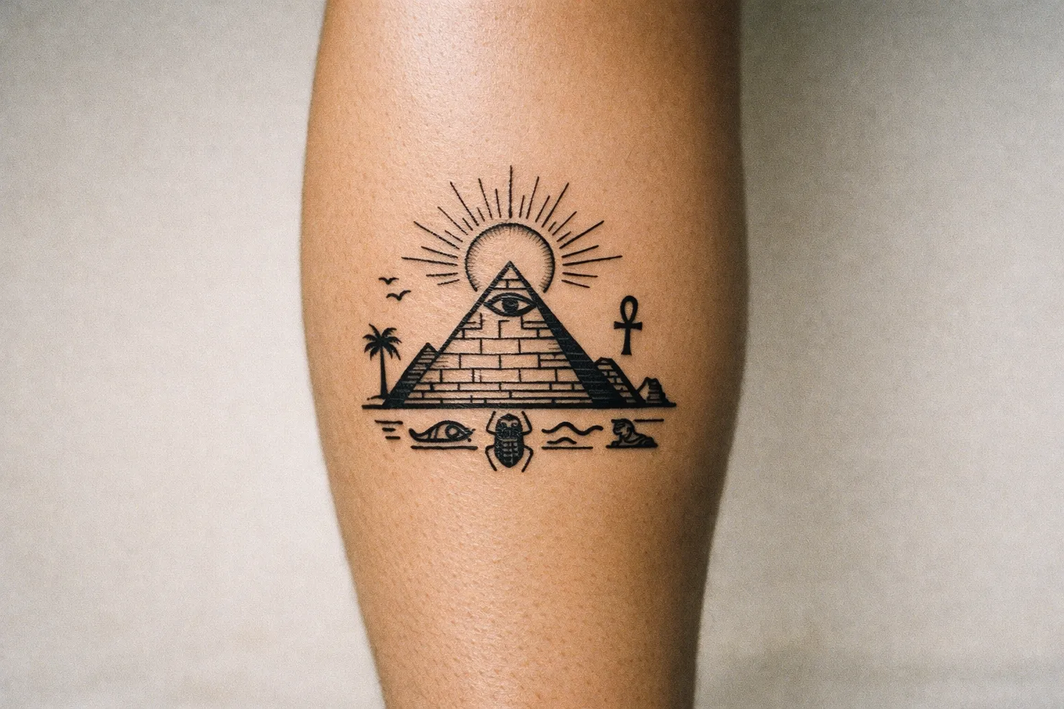 Calf tattoo of an Egyptian pyramid with hieroglyph-inspired linework, ample negative space
