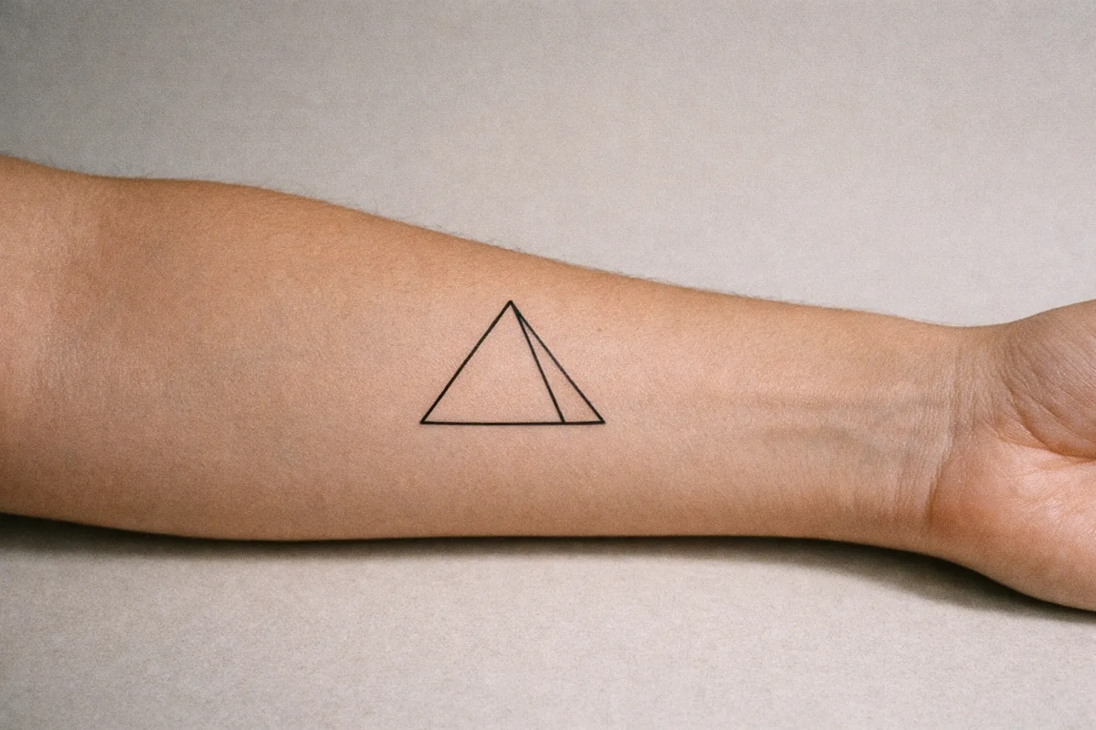 Forearm minimalist pyramid tattoo with clean lines and negative space