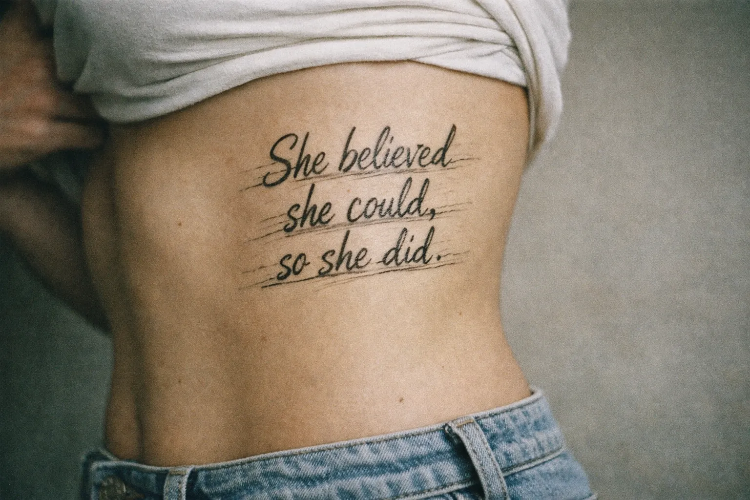 A person shows a quote tattoo on their ribcage above the waistline of blue jeans.