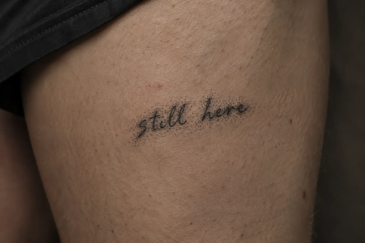 A small cursive 'still here' tattoo with light dotwork shading on a person's thigh.