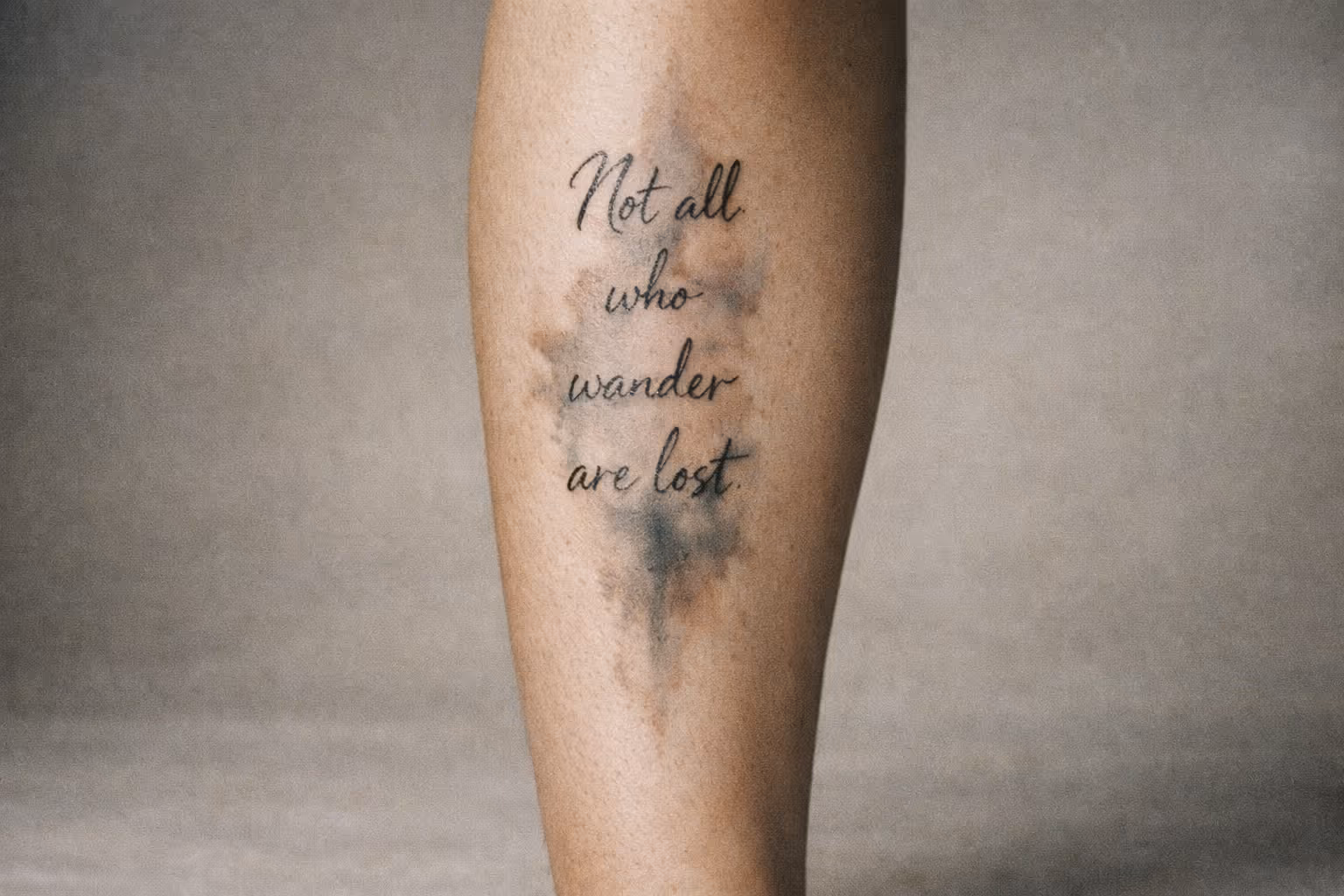 A person's lower leg with a quote tattoo reading 'Not all who wander are lost.'