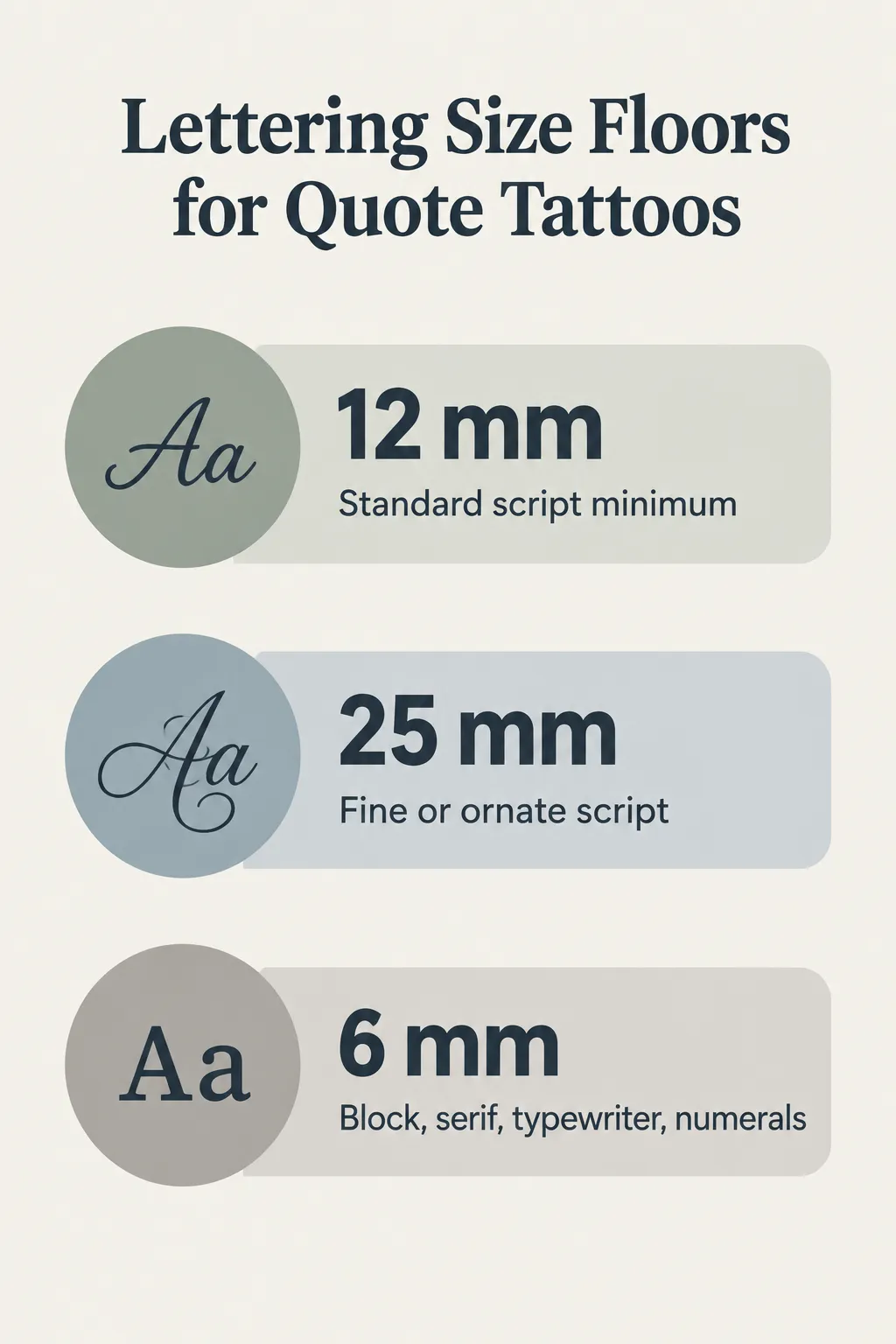 Minimum letter heights: standard script 12 mm, fine or ornate script 25 mm, and block, serif, typewriter, and numerals 6 mm.