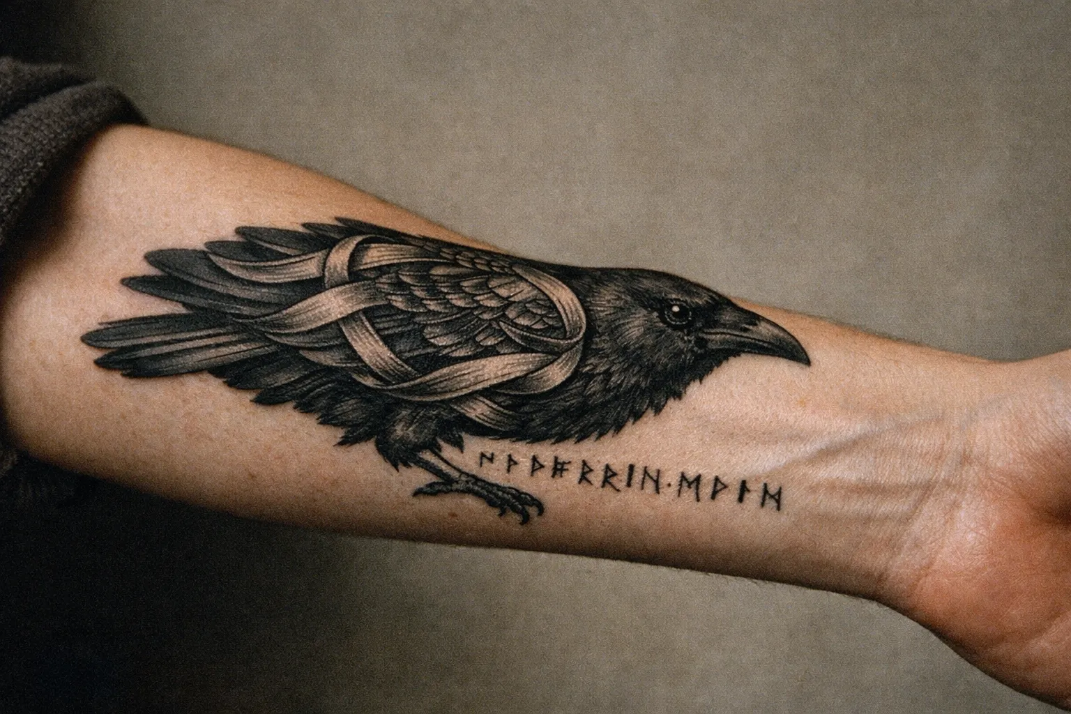 Raven tattoo on forearm with branch, close-up macro shot