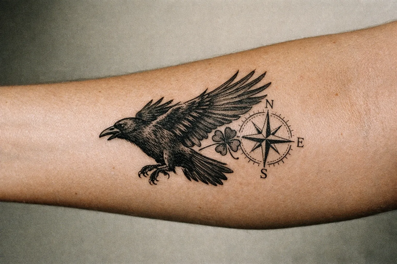 Raven tattoo on forearm with luck symbols