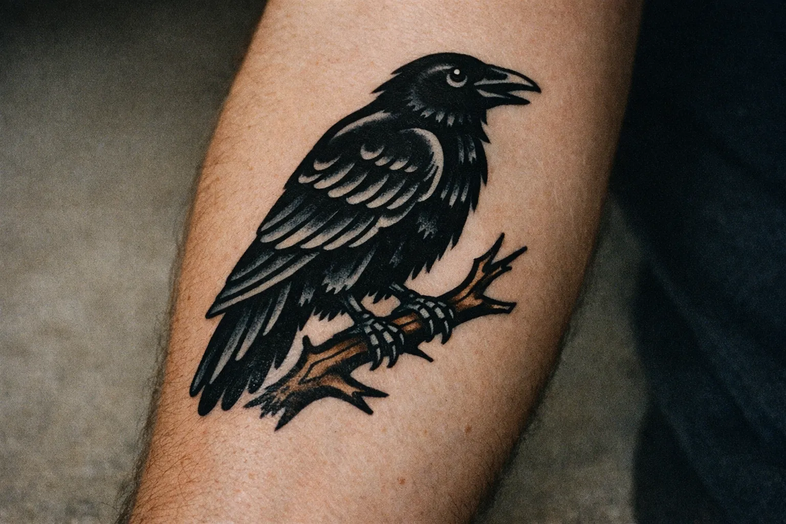 American traditional raven tattoo on forearm with bold outlines