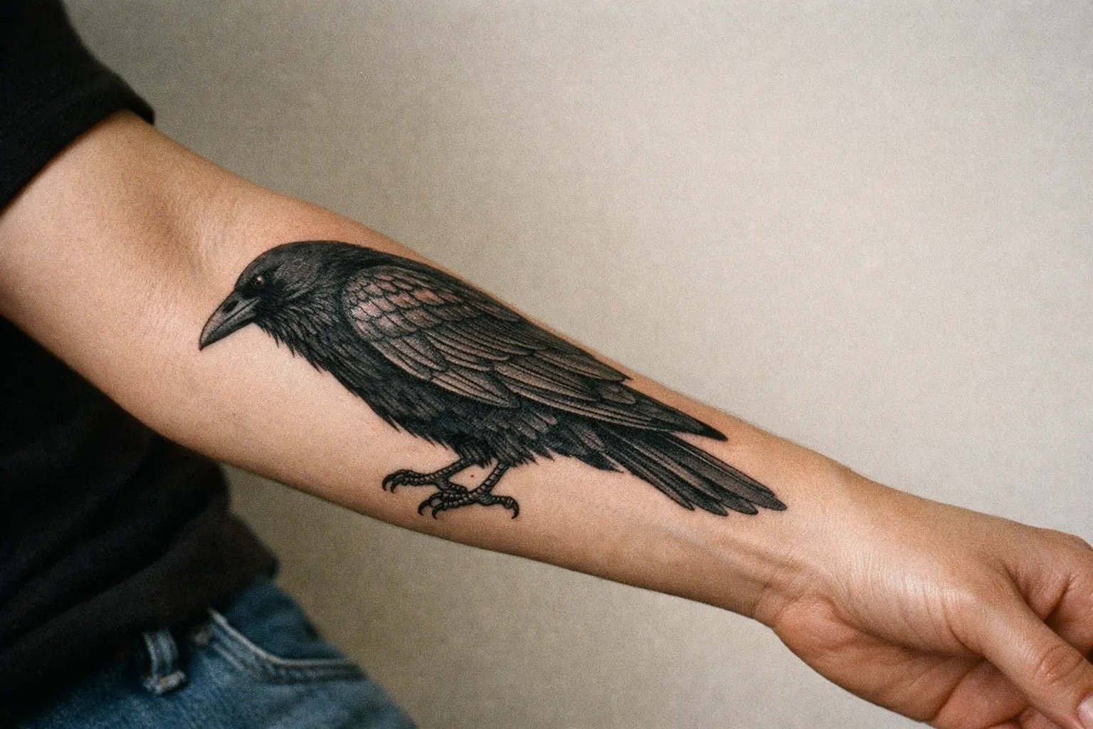 Large raven tattoo running along forearm with proper placement