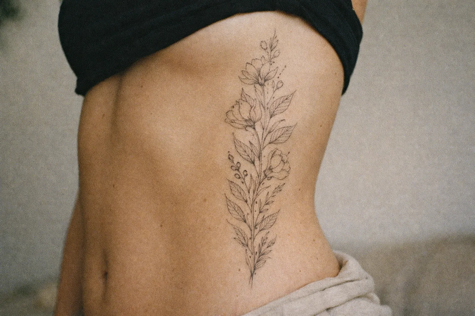 A person with a large floral tattoo on their ribcage is shown indoors.