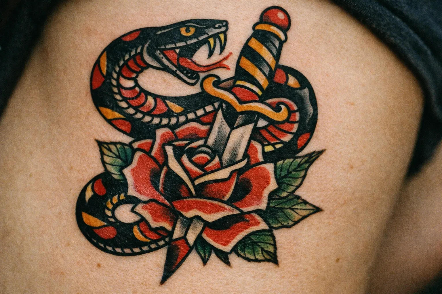 A colorful tattoo of a snake and dagger entwined with a rose on bare skin.