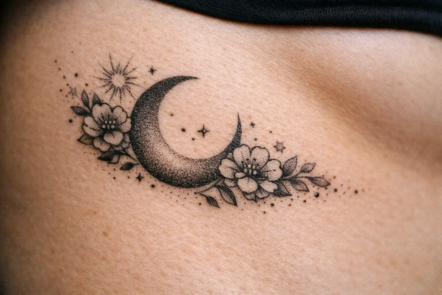 A crescent moon and floral tattoo is inked on a person's rib area.