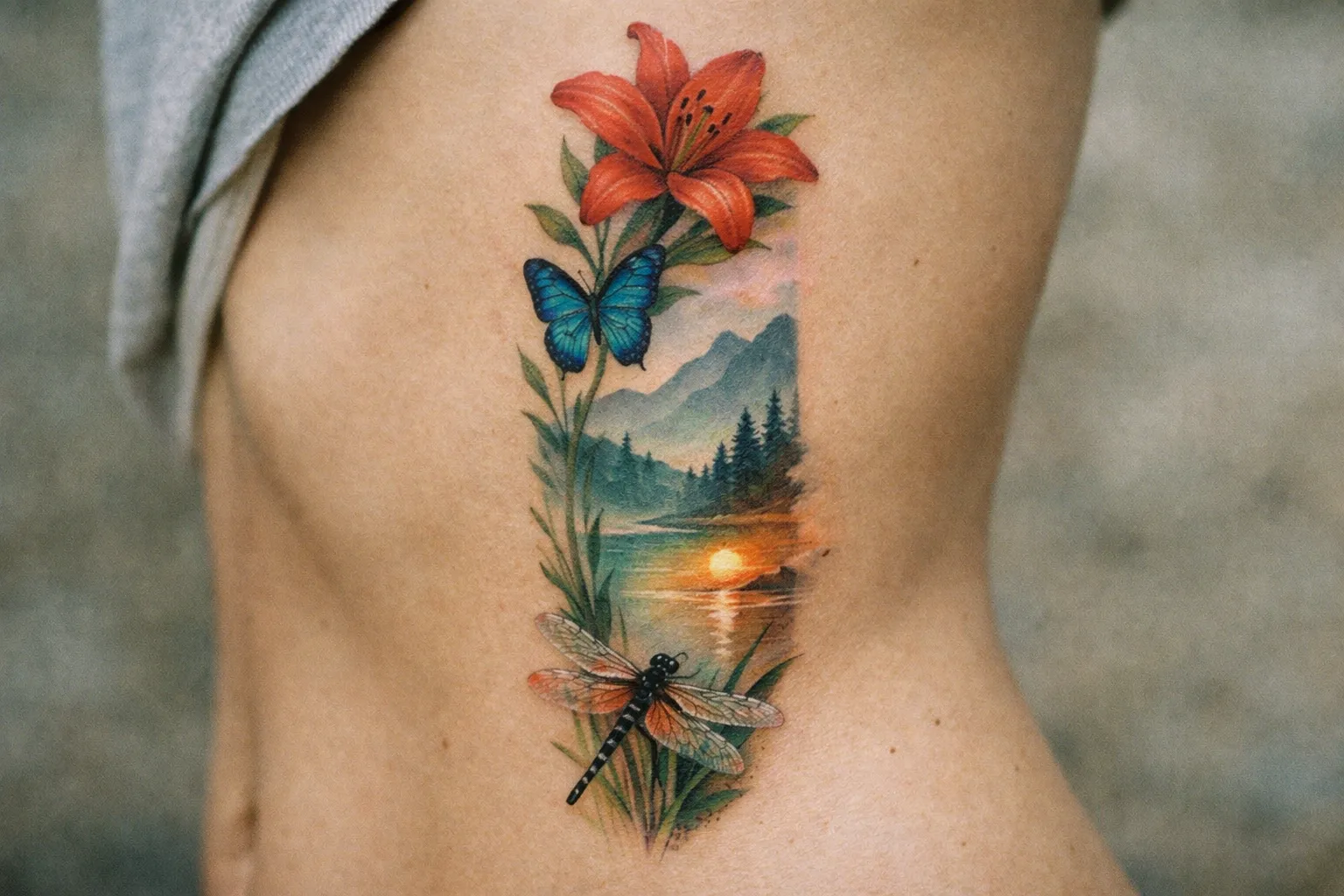 A rib tattoo featuring a flower, butterfly, dragonfly, and a landscape with a sunset and mountains.