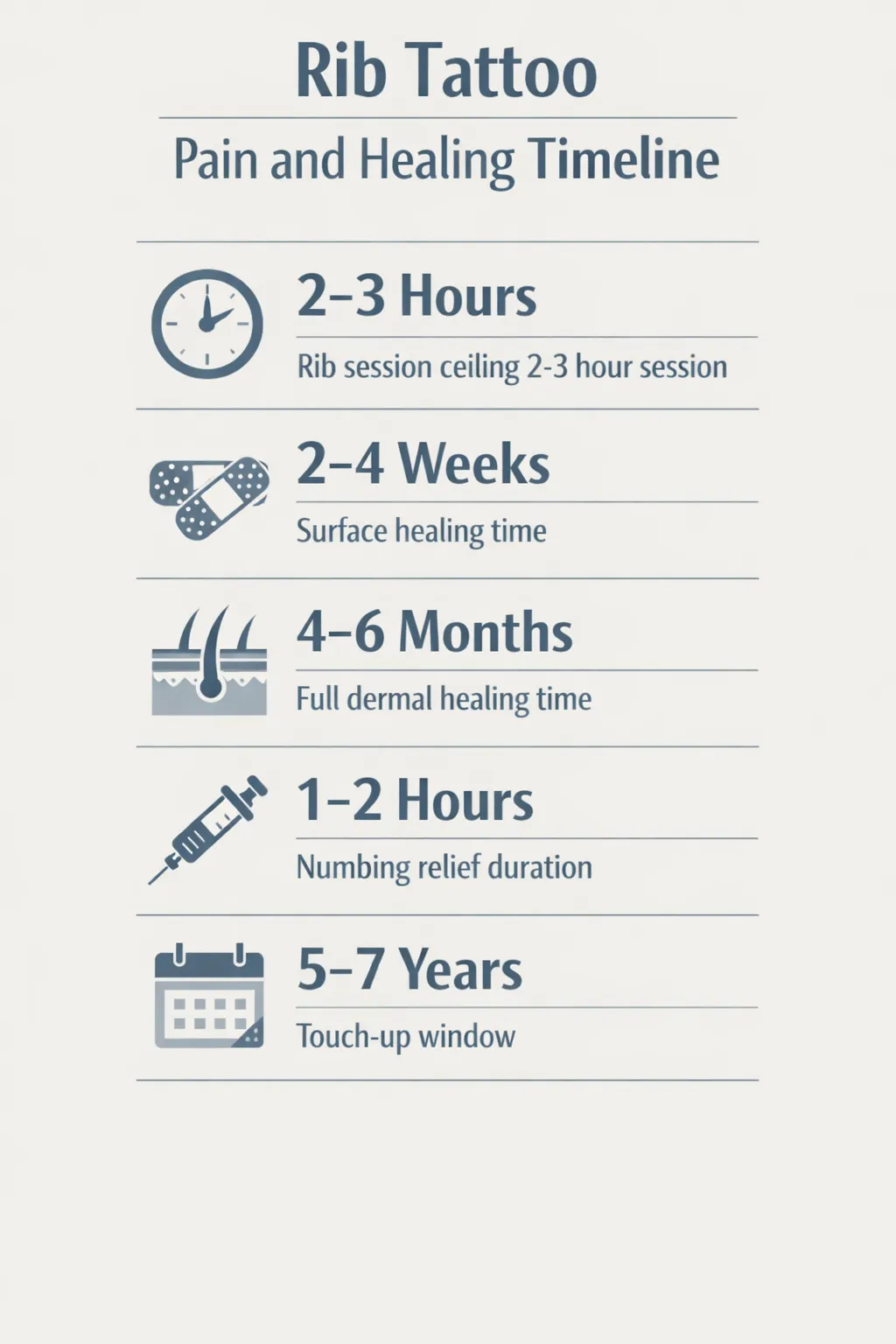 Infographic showing rib tattoo pain and healing timelines with five data points: session ceiling, surface healing, full
