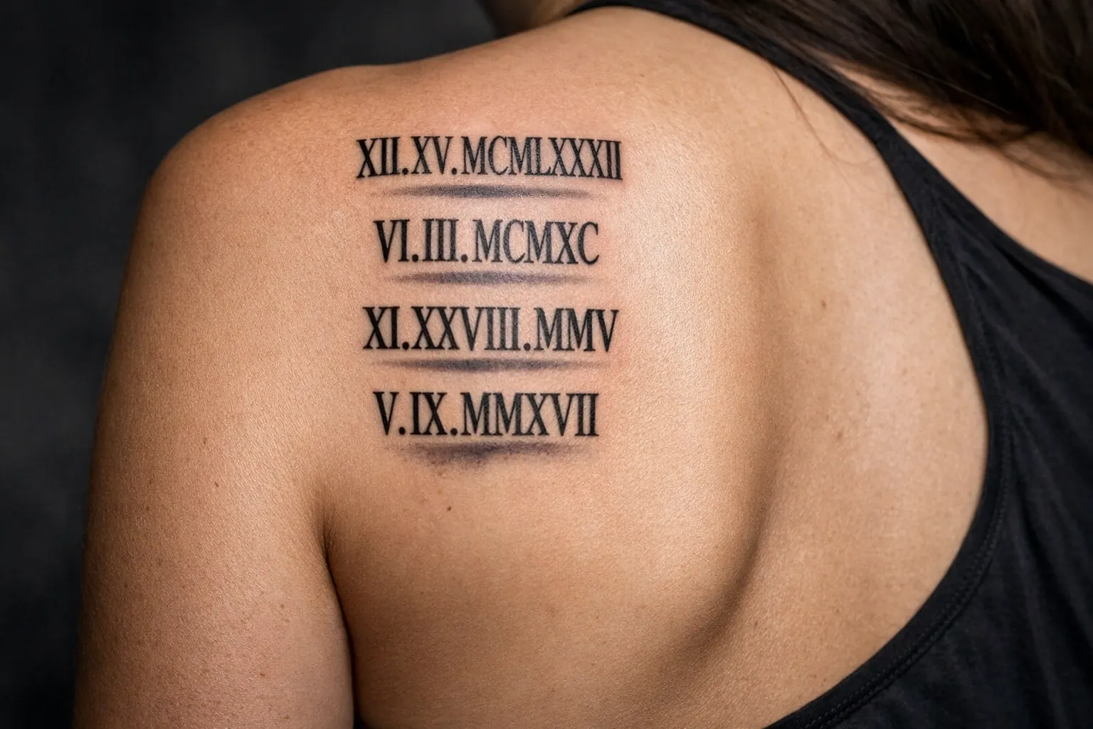 Stacked Roman numerals arranged vertically along the inner forearm