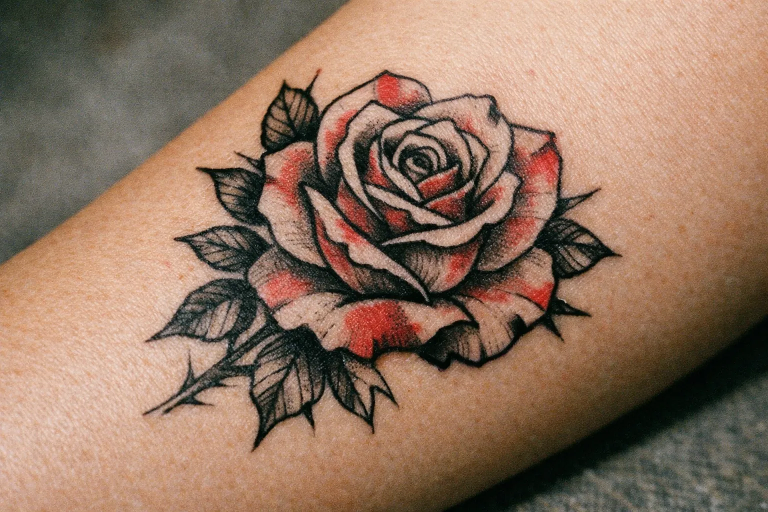 Forearm rose tattoo close-up symbolizing love and resilience in traditional style