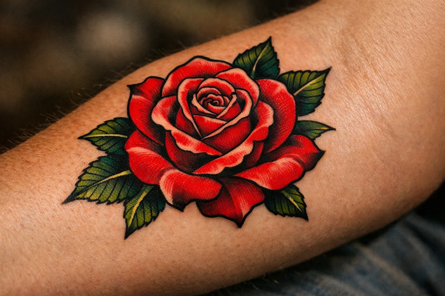 Forearm rose tattoo displaying vivid red petals and green leaves to convey color meaning