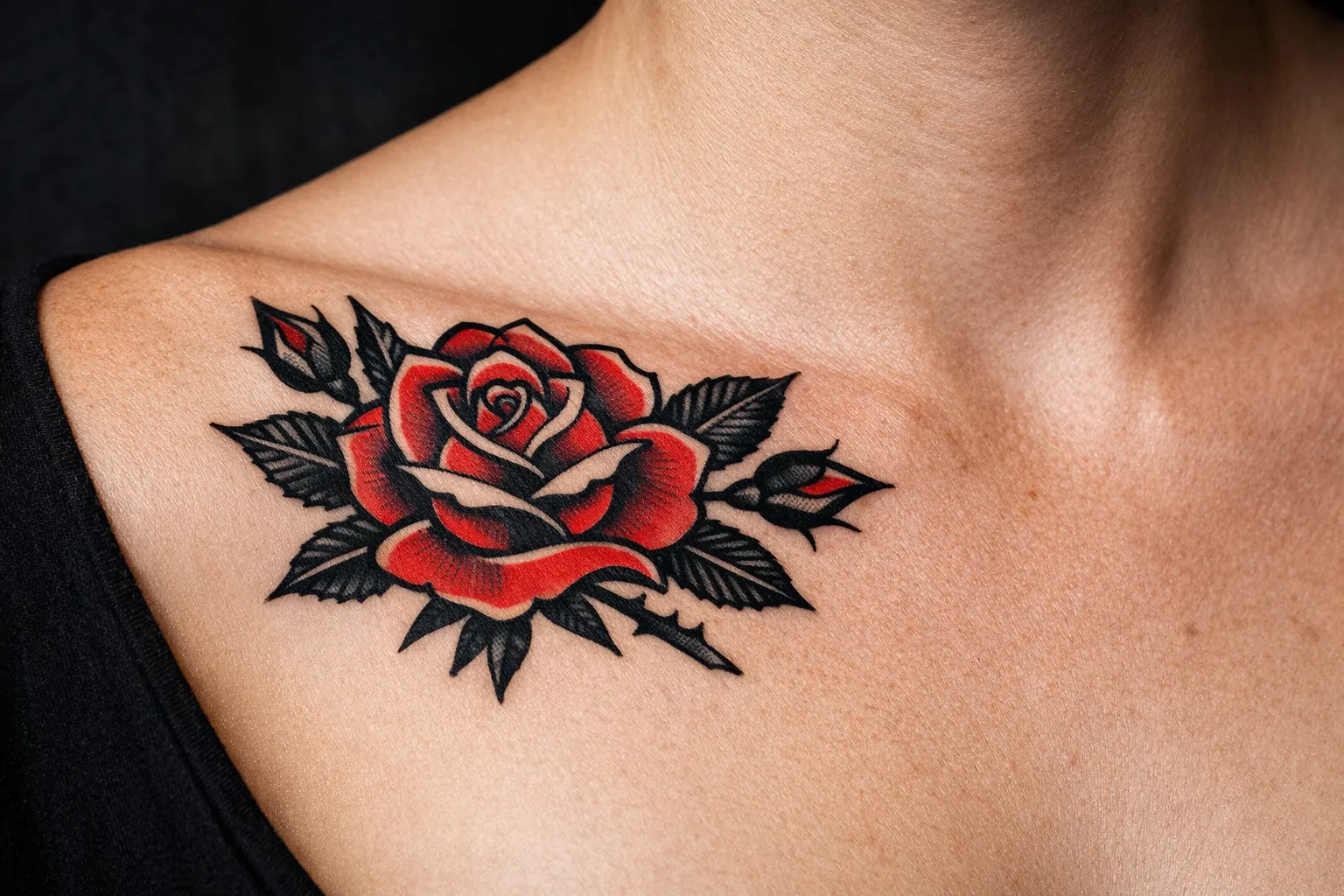 A red and black rose tattoo on a person's upper chest near the collarbone.