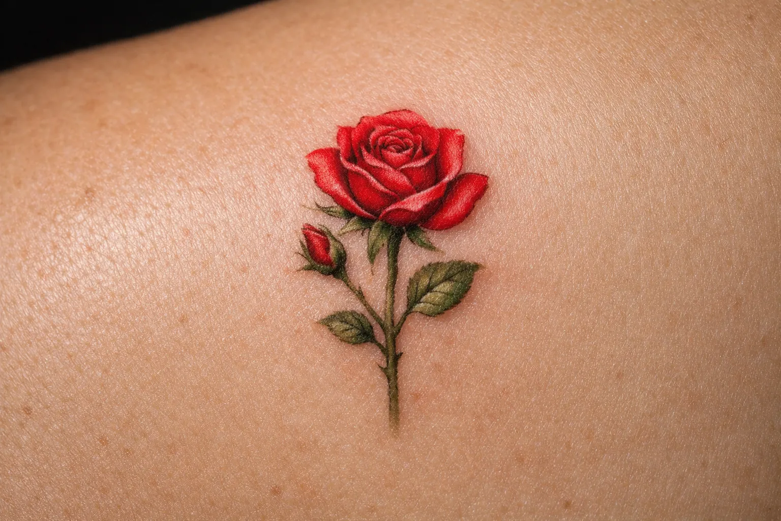 A red rose tattoo is inked on someone's shoulder.