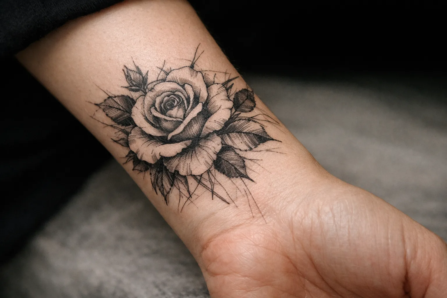 A detailed black and grey rose tattoo on the inner wrist of a person.