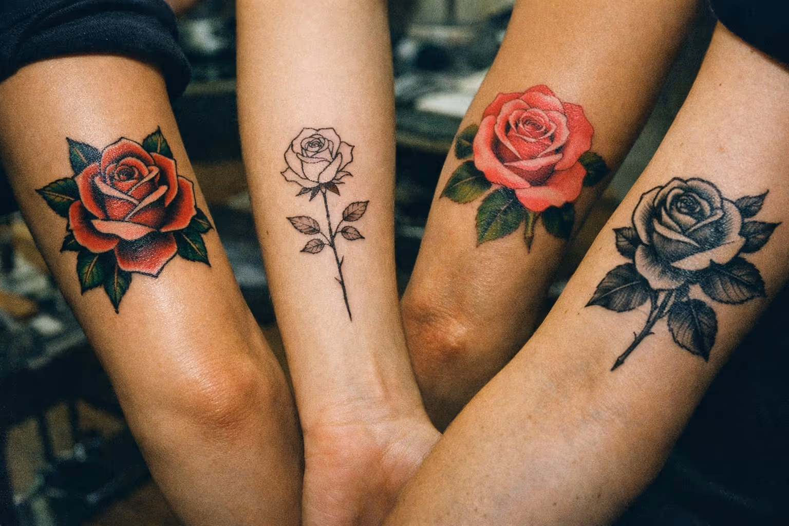 Hero editorial photograph of a healed rose tattoo on a forearm, 16:9 landscape, showcasing bold linework and saturated red petals