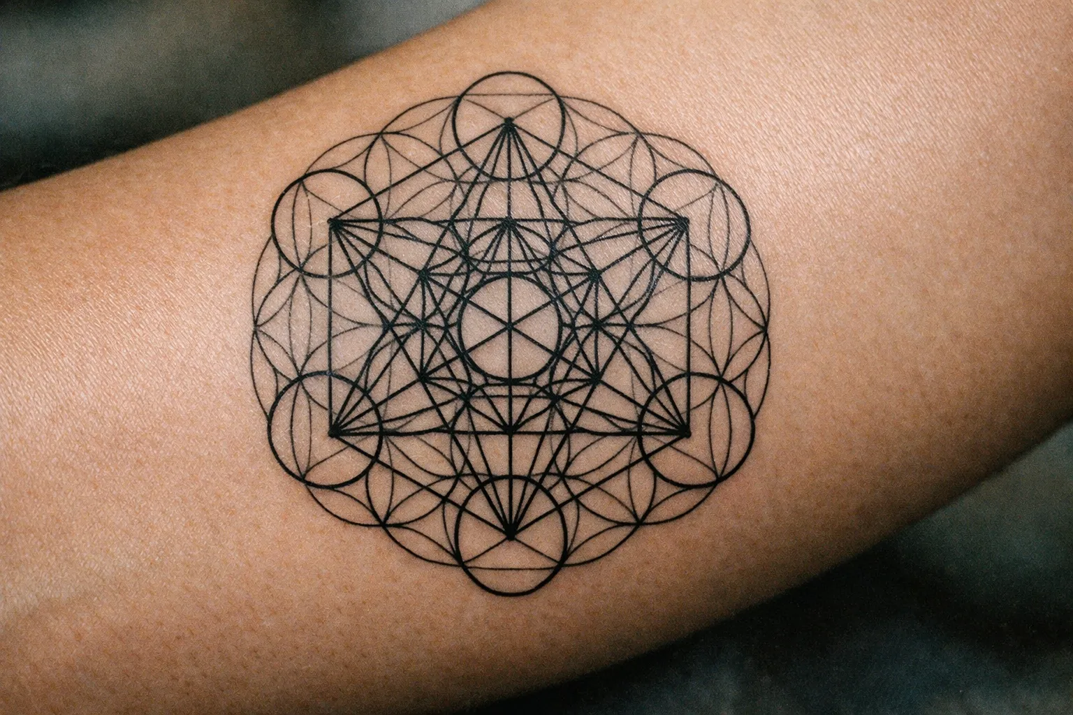 Forearm tattoo displaying Flower of Life and Metatron's Cube to illustrate meaning