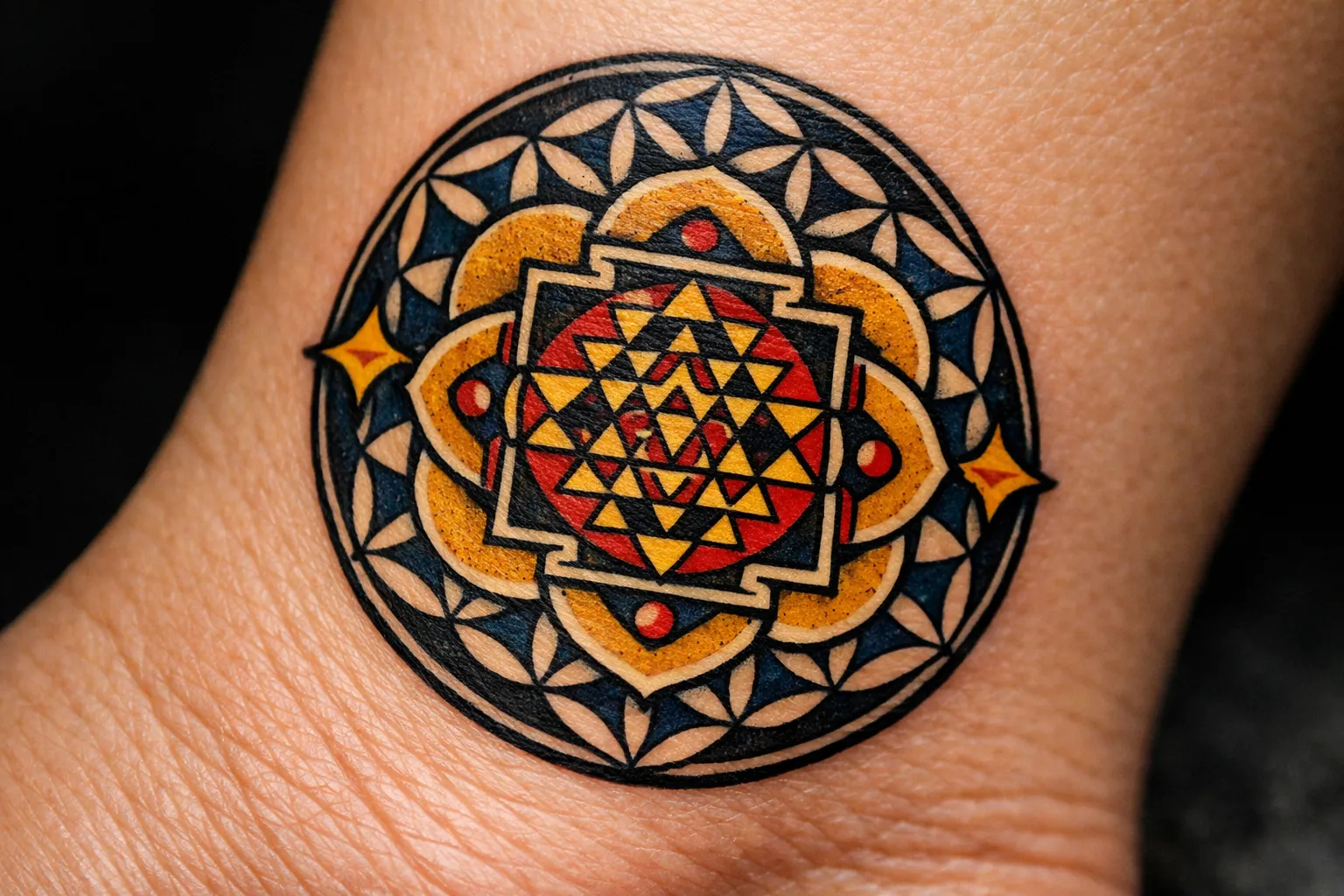 A colorful sacred geometry tattoo featuring intricate patterns on a person's skin.