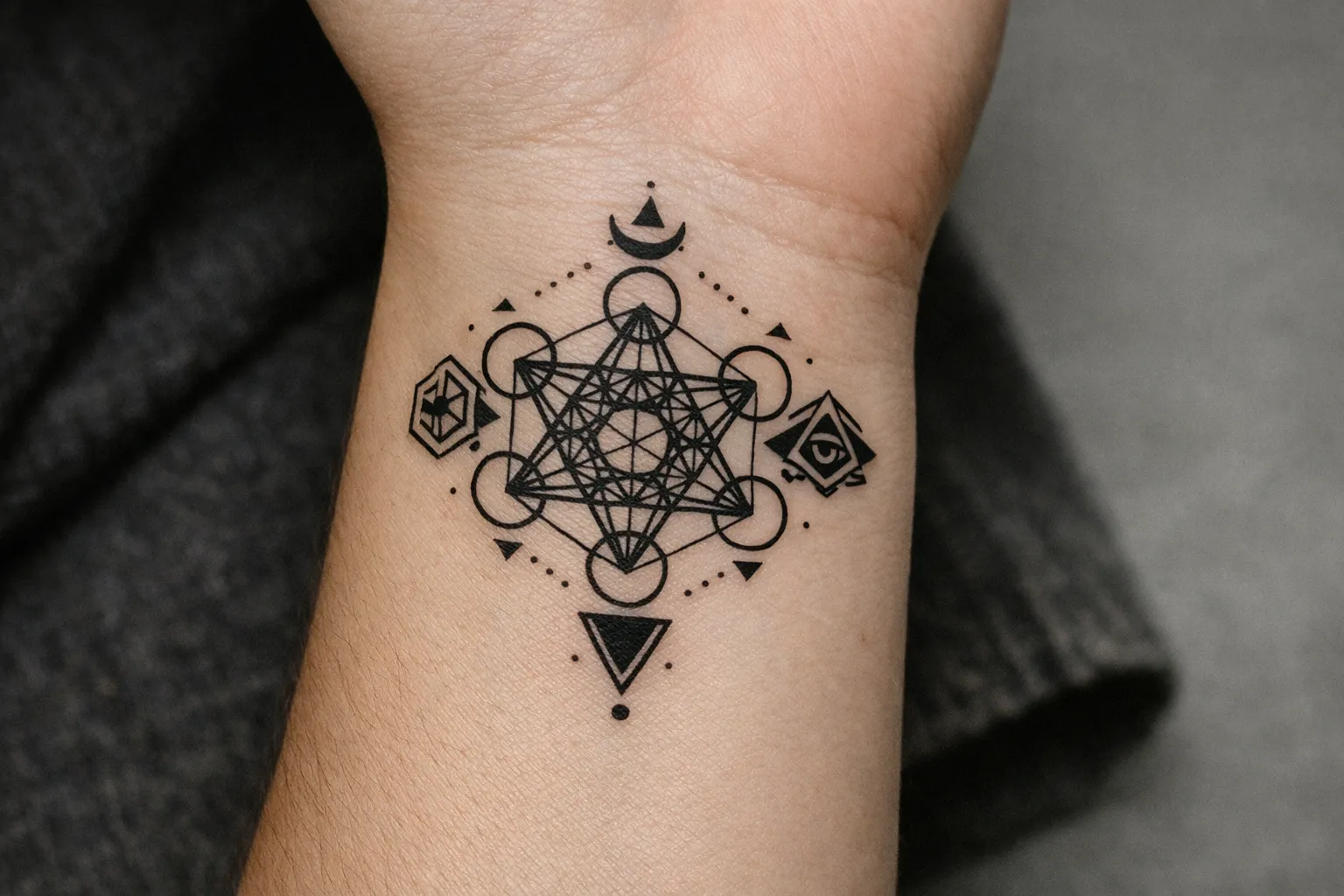 A geometric tattoo with sacred symbols is inked on a person's wrist.