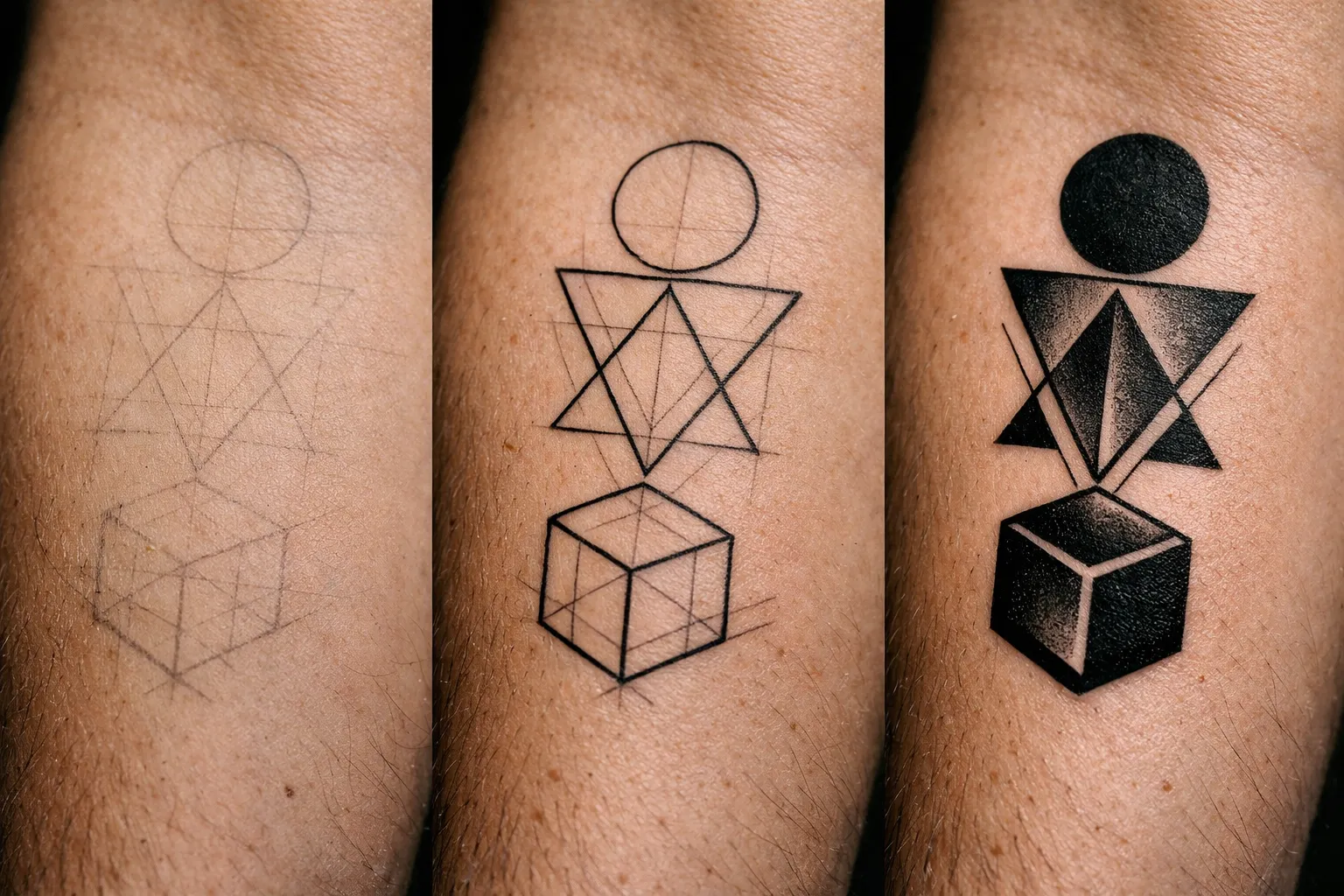 Forearm tattoo construction shot showing guidelines, outlines, and shading stages