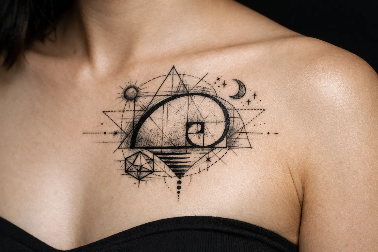 A person with a detailed sacred geometry tattoo across their upper chest and shoulder.