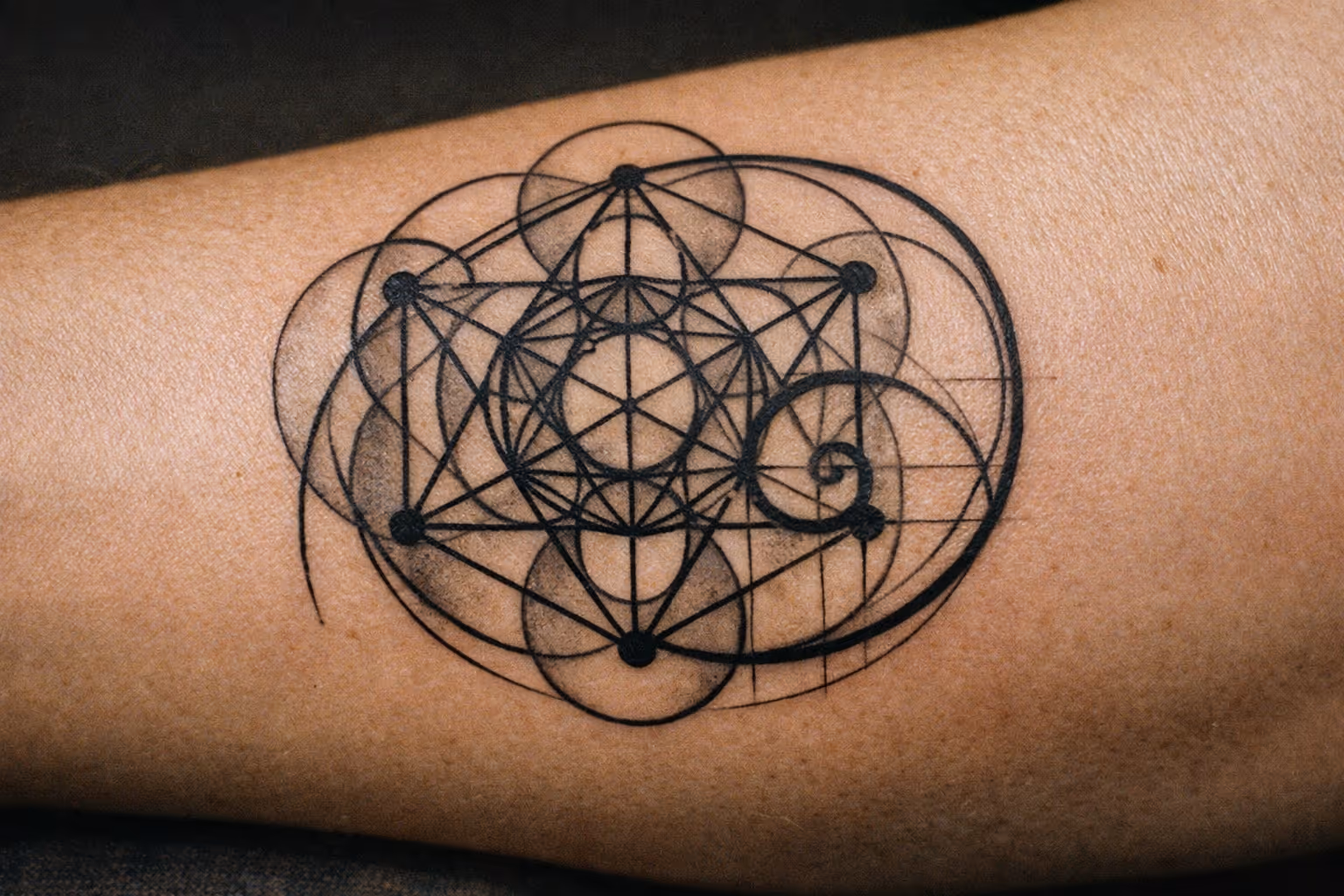 Editorial close-up of a sacred geometry tattoo on forearm showing layered symbols