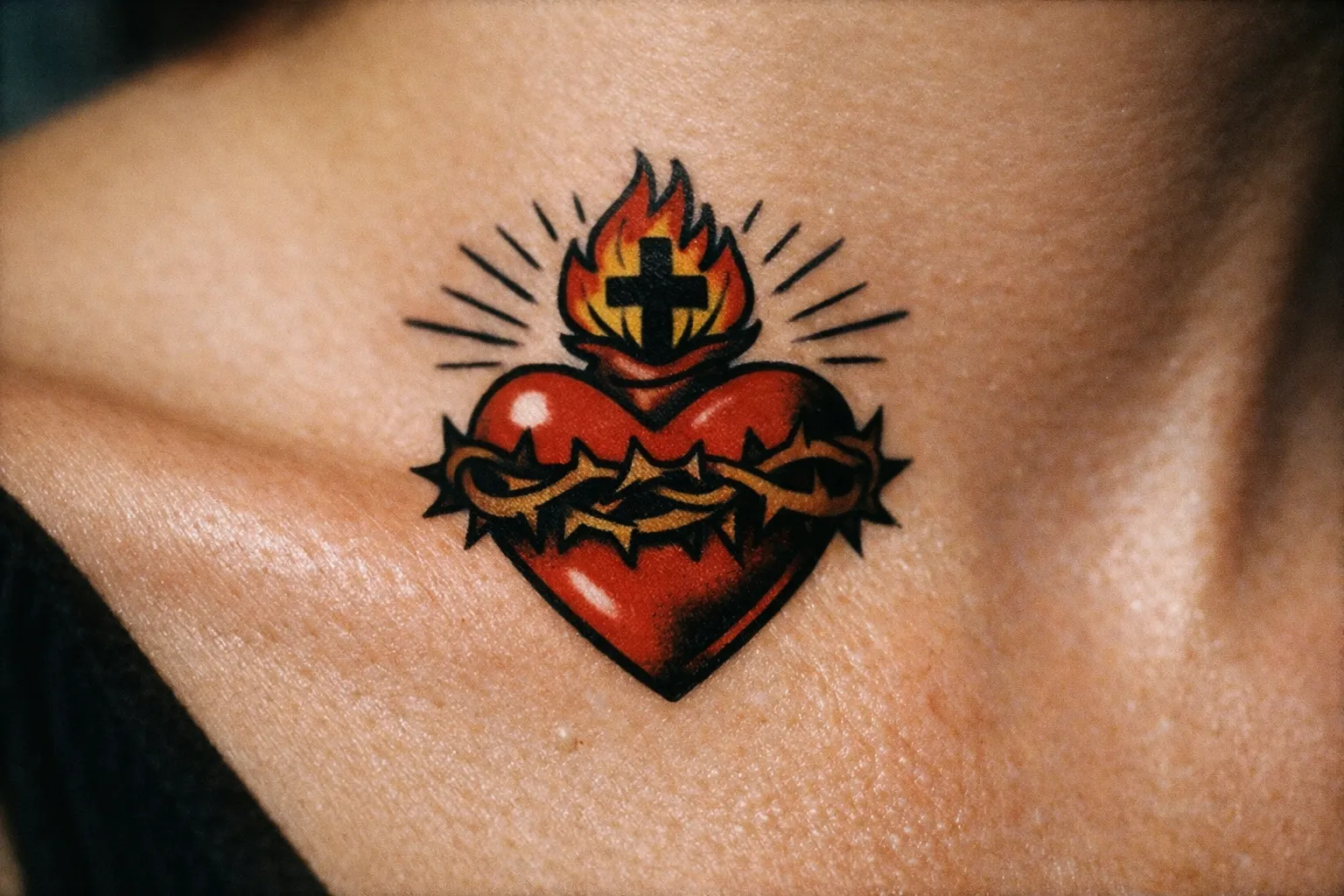 A sacred heart tattoo with flames and thorns on the upper chest of a person.