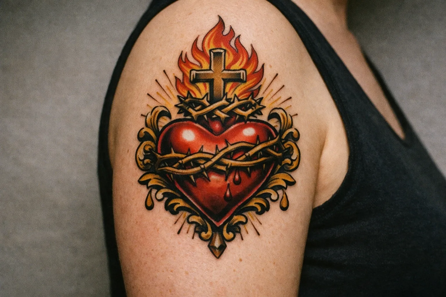 A person with a large sacred heart tattoo on their upper arm.