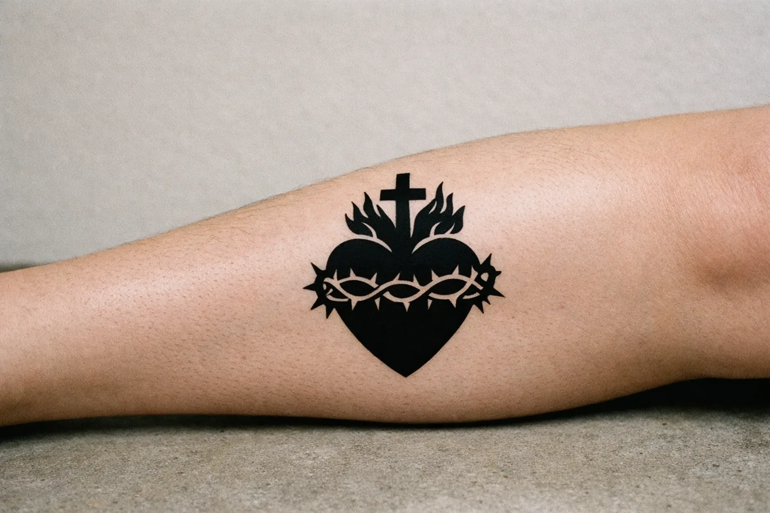 A sacred heart tattoo is inked in black on the side of a person's lower leg.