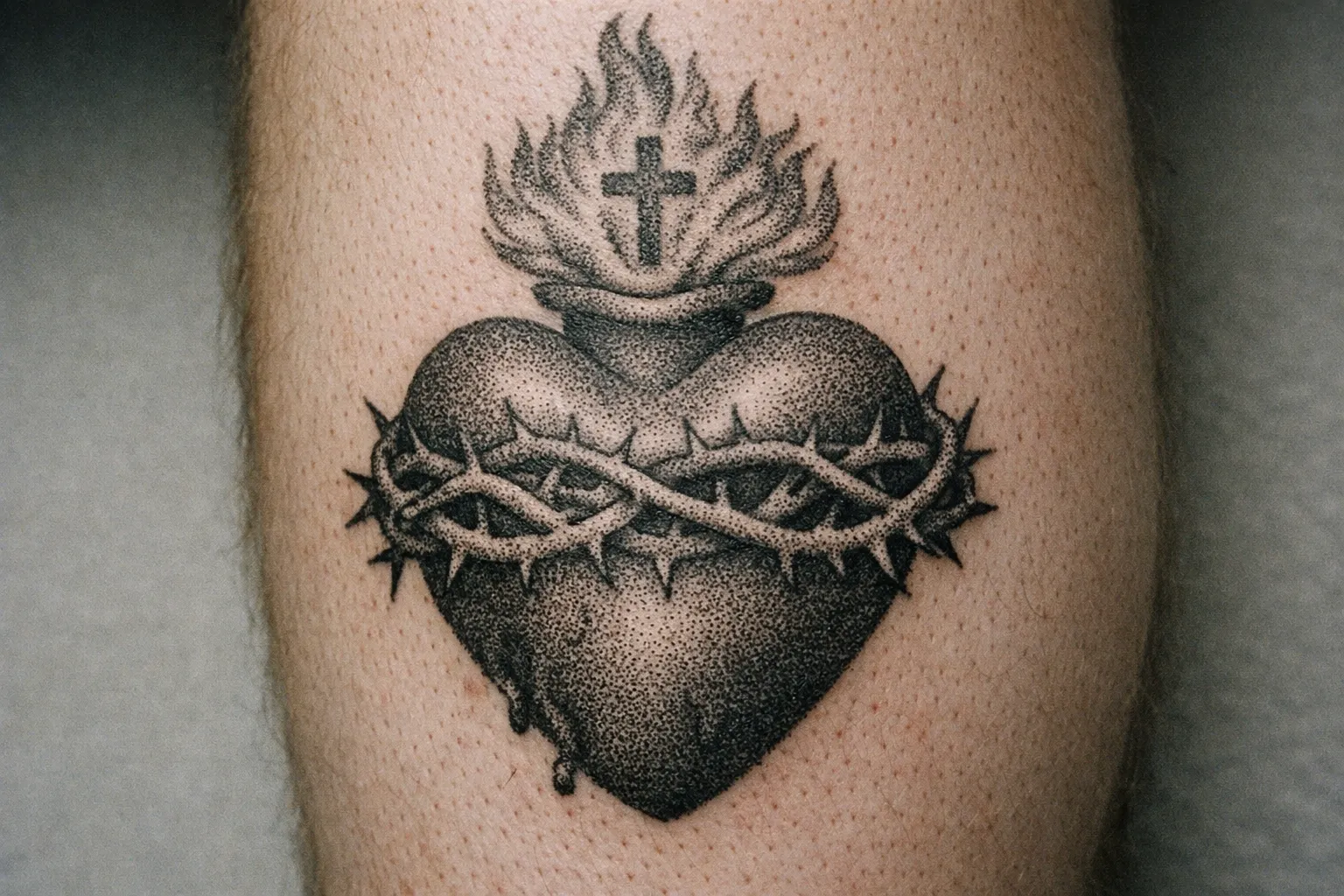 A sacred heart tattoo featuring flames, a cross, and a crown of thorns on a person's leg.
