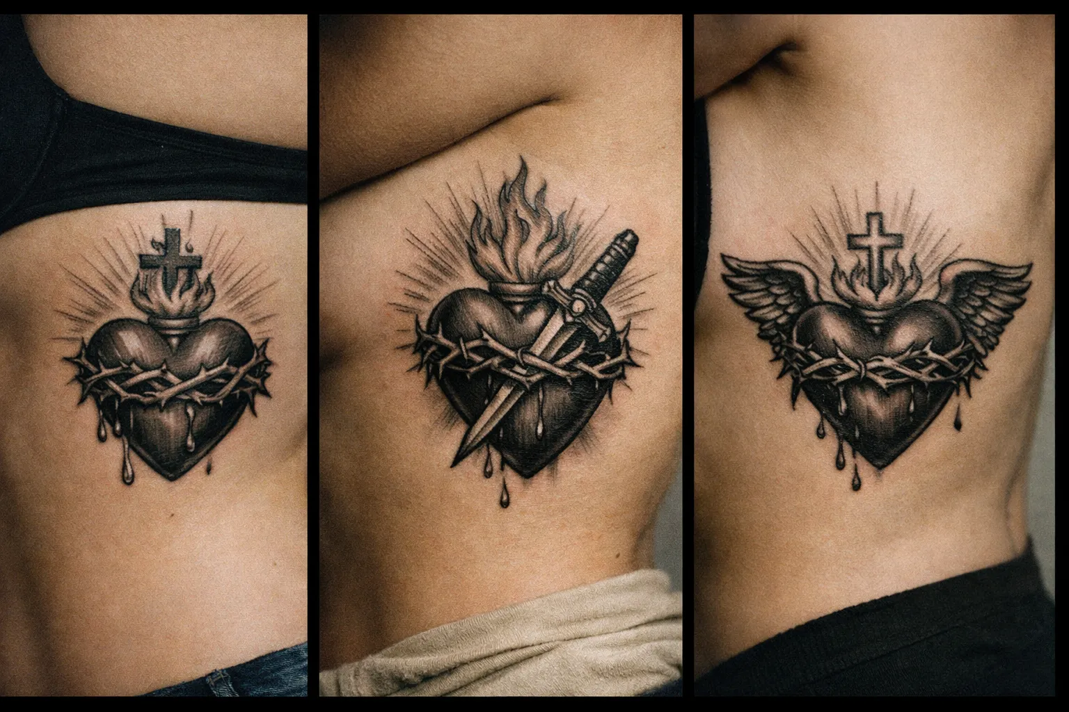 Three different sacred heart tattoo designs are shown on people's ribcages.