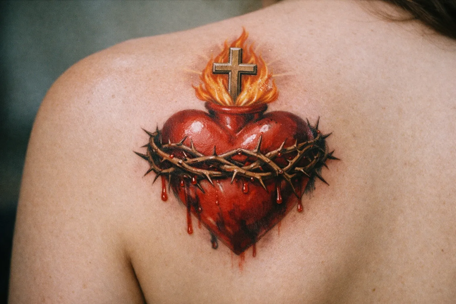 A sacred heart tattoo with a cross, flames, and crown of thorns on a person's upper back.