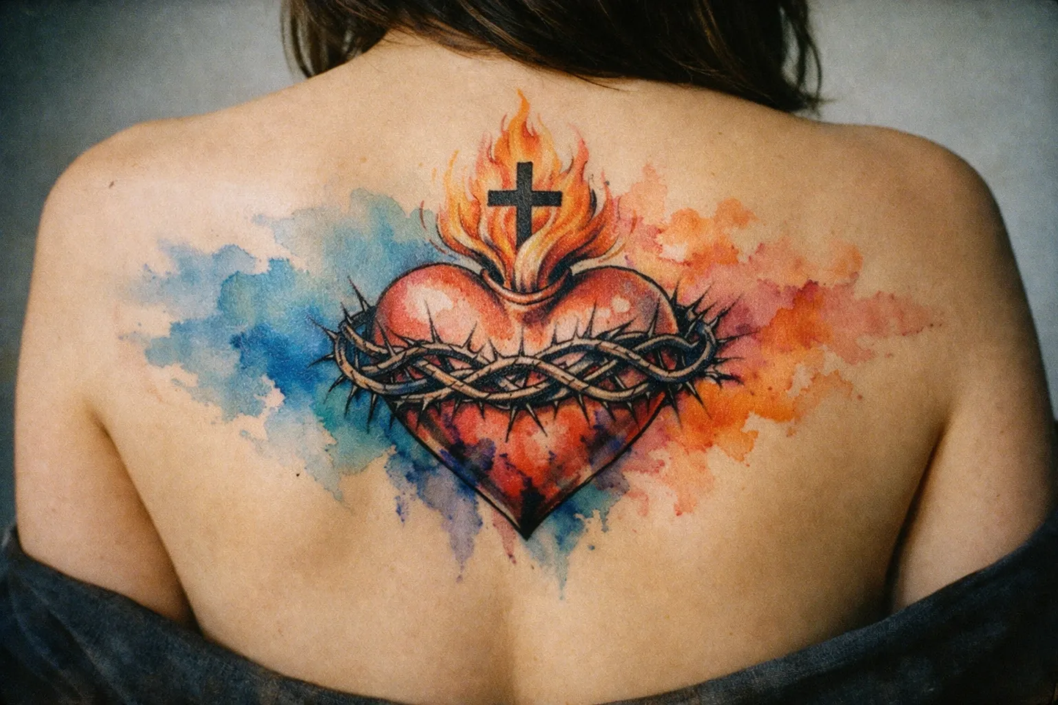 A person with a large sacred heart tattoo featuring flames and a cross across their upper back.