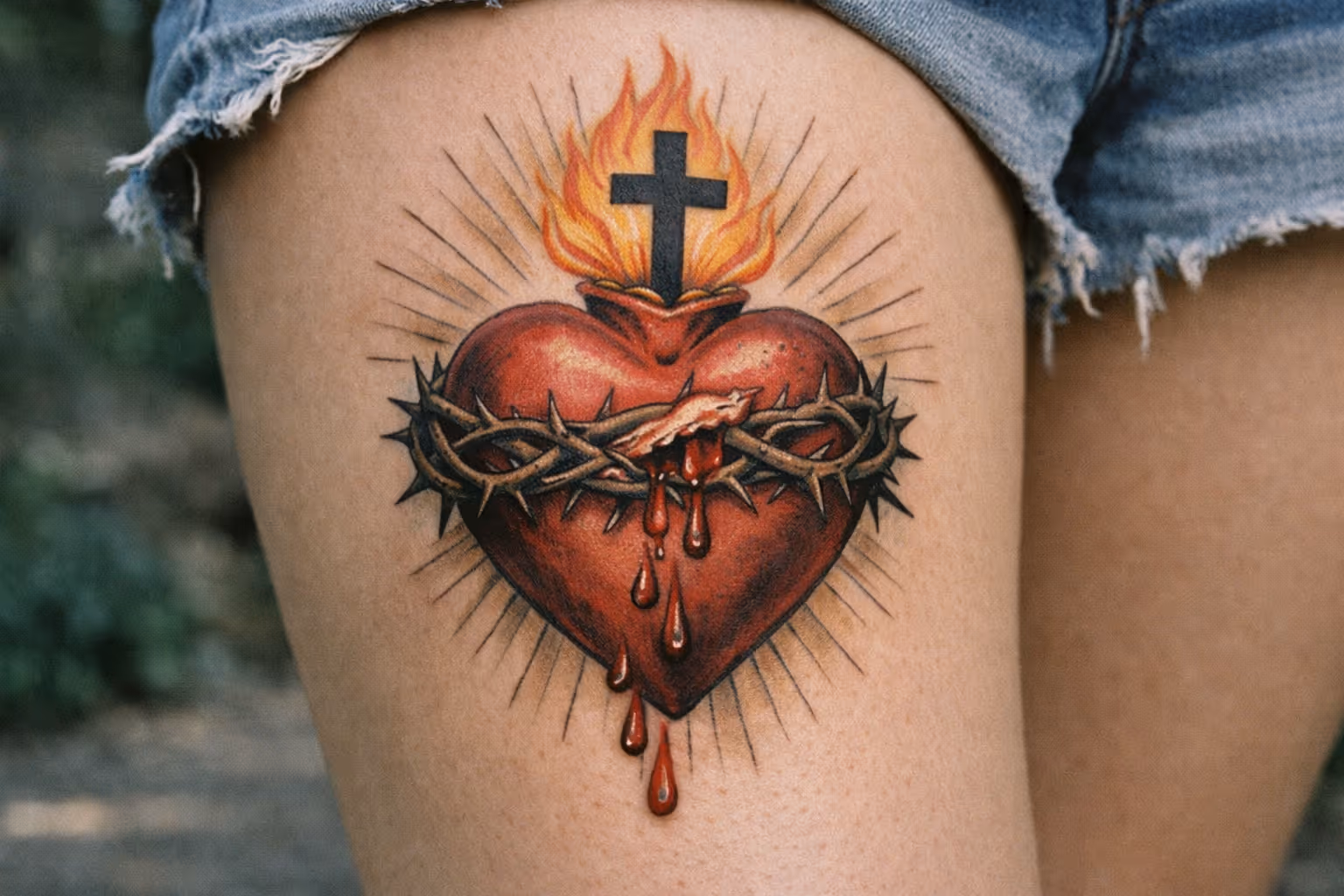 A sacred heart tattoo with a crown of thorns and flames is inked on a person's upper thigh.