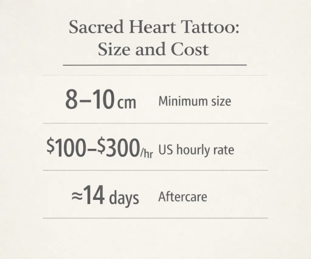 Sacred heart tattoo infographic: 8-10 cm minimum size, $100-$300 US hourly rate, and about 14 days of aftercare