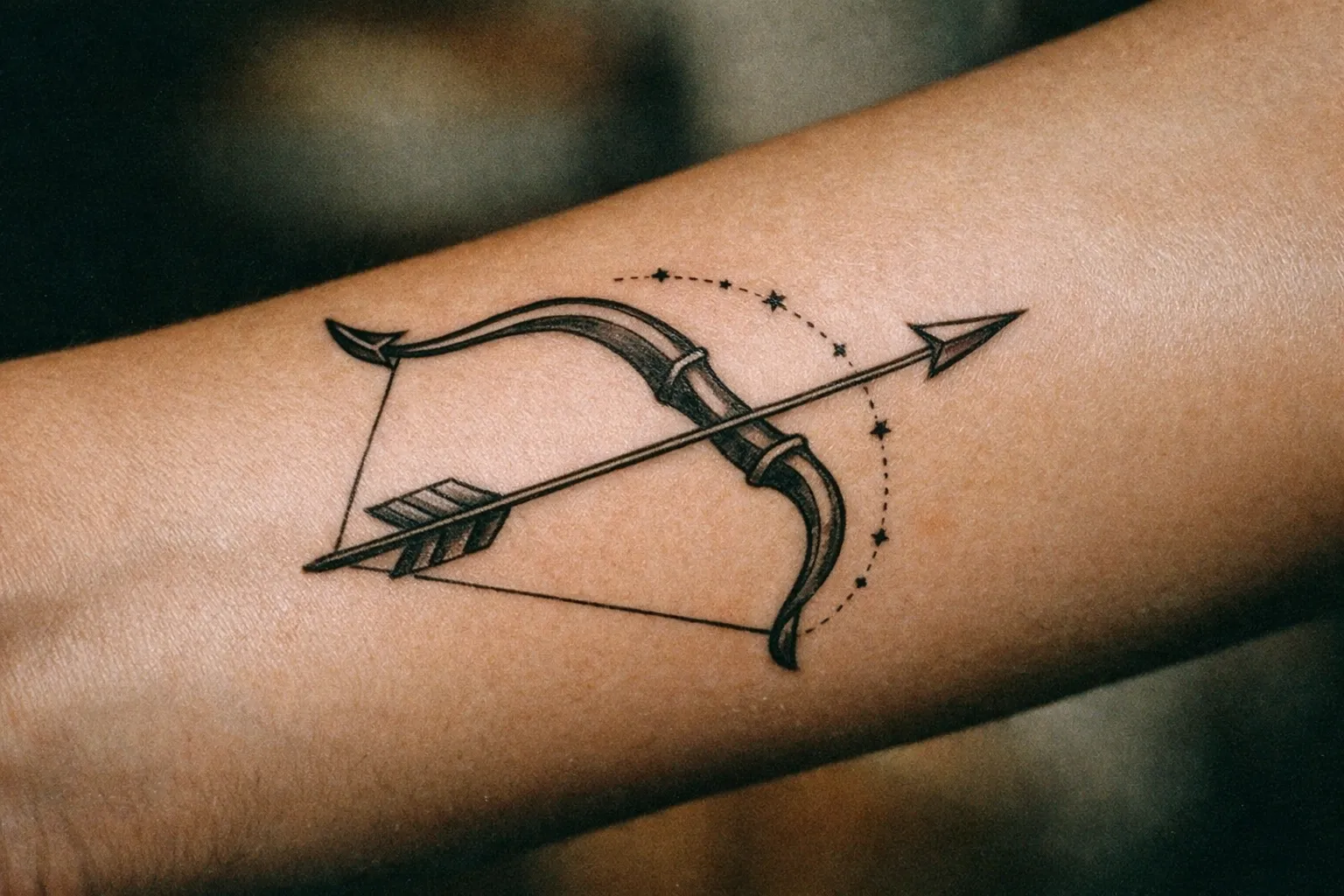 Forearm tattoo showing a Sagittarius archer bow motif with subtle constellation accents