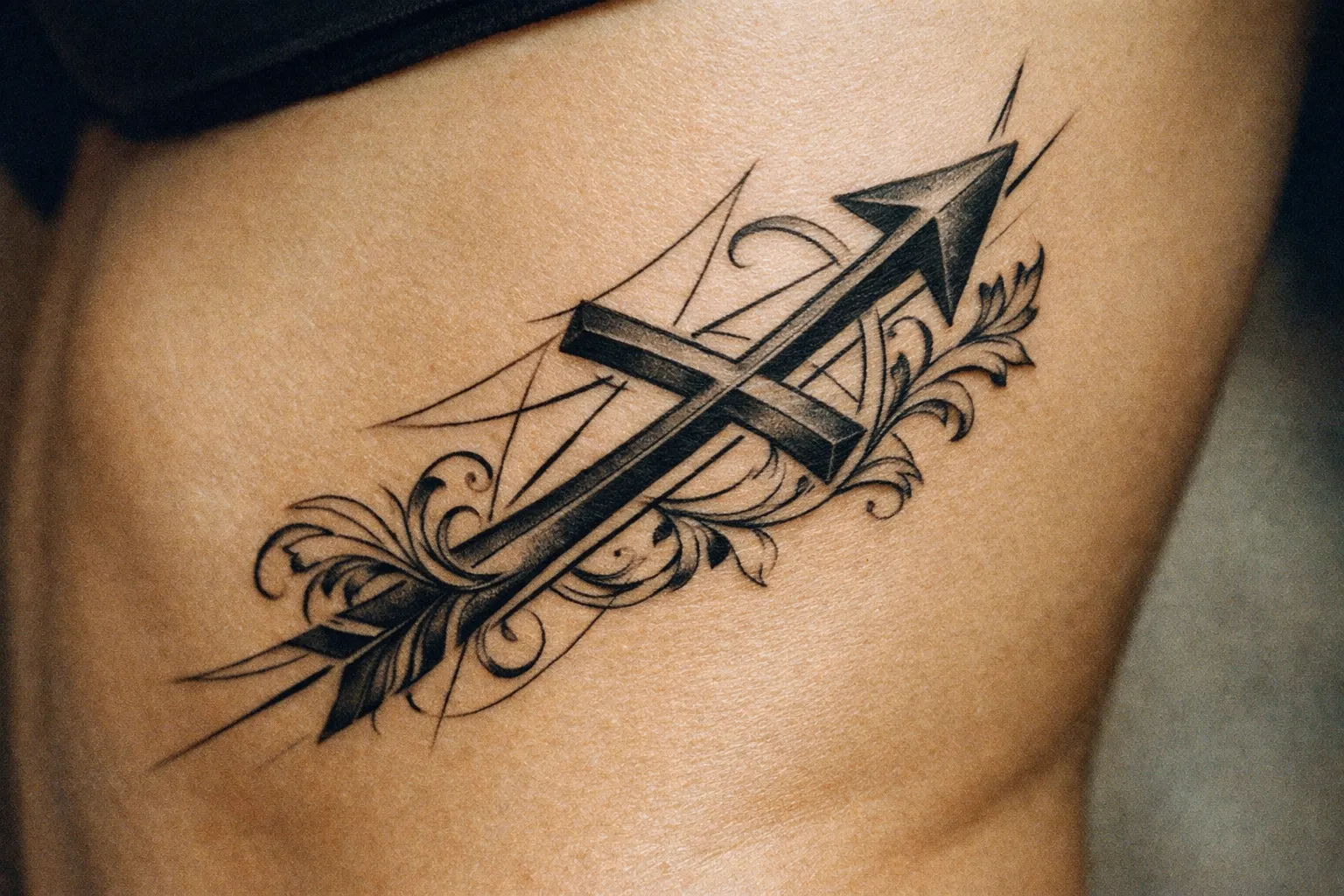 Ribcage tattoo of Sagittarius symbol with geometric flourishes along the ribs