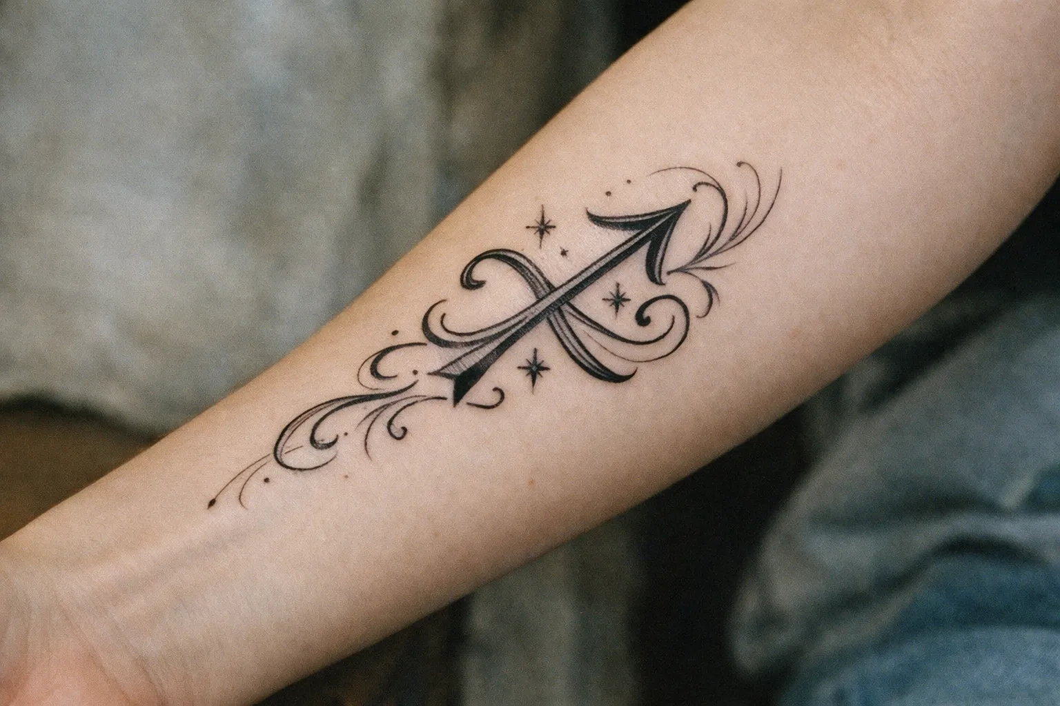 Forearm tattoo showcasing a personalized Sagittarius sign with ornamental flourishes